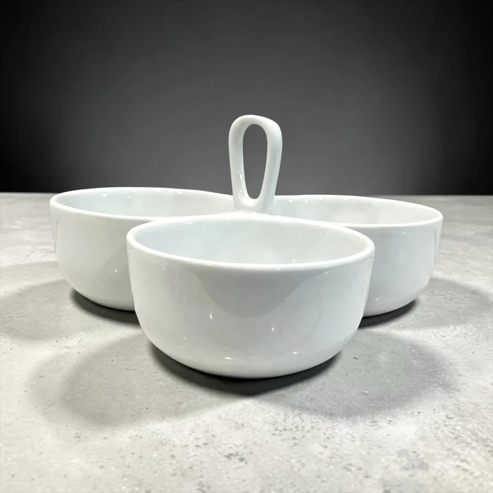 Crate & Barrel 3 Bowl Condiment Server White Porcelain Relish Tray w Handle